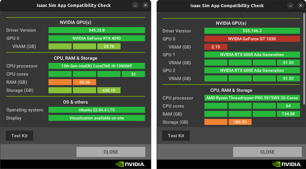 Isaac Sim Compatibility Checker app examples