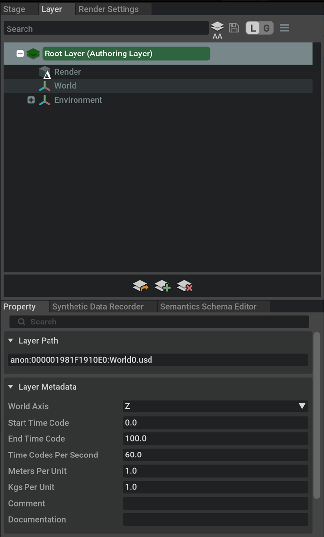 the default stage's layer and property tabs