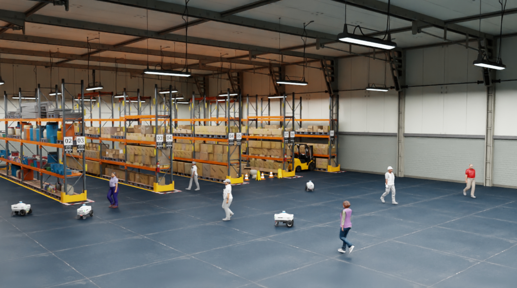 characters and robots move around a warehouse 3D environment.