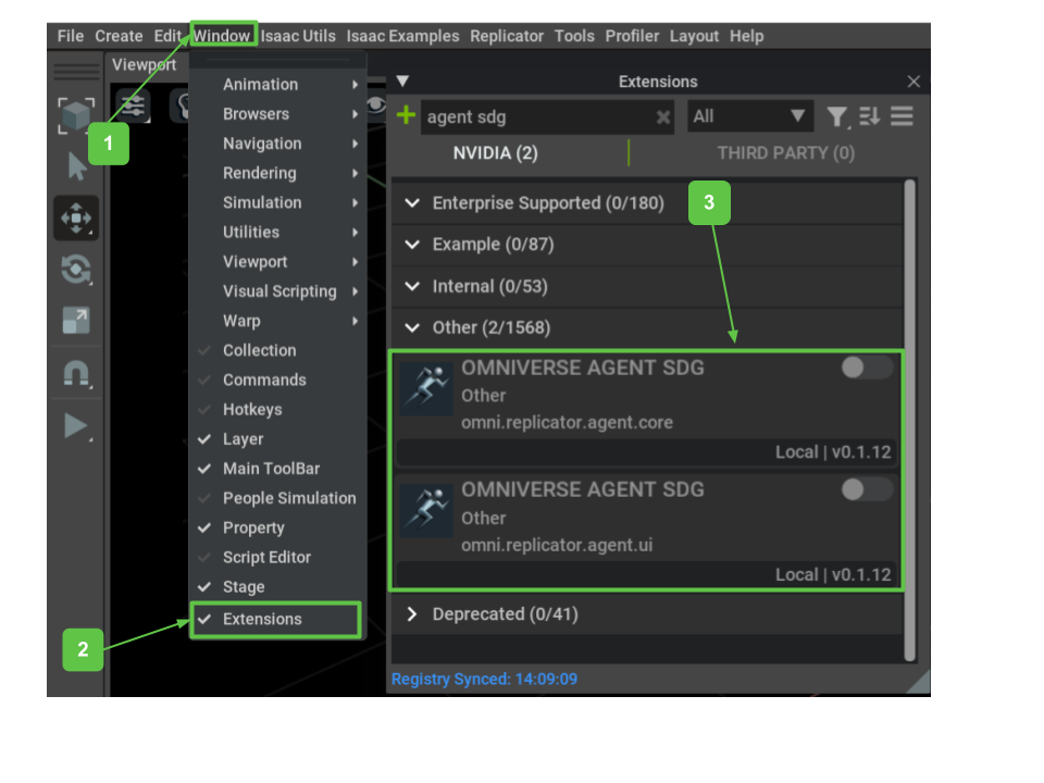 A step by step guide on how to enable the extension from Isaac Sim