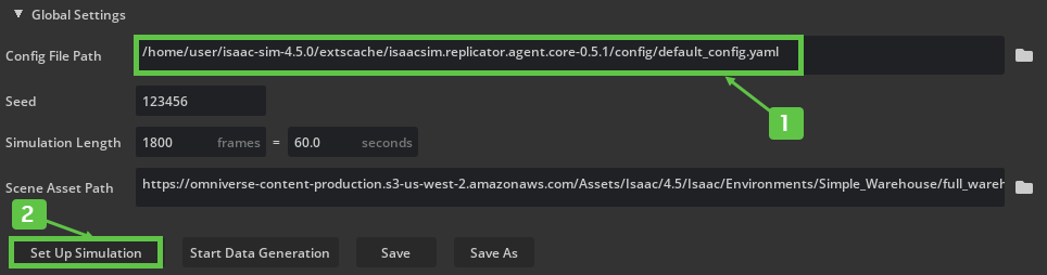 an image showing where the **Set Up Simulation** button and the configuration file path are from the IRA UI
