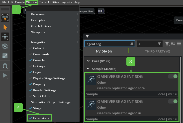 A step by step guide on how to enable the extension from Isaac Sim