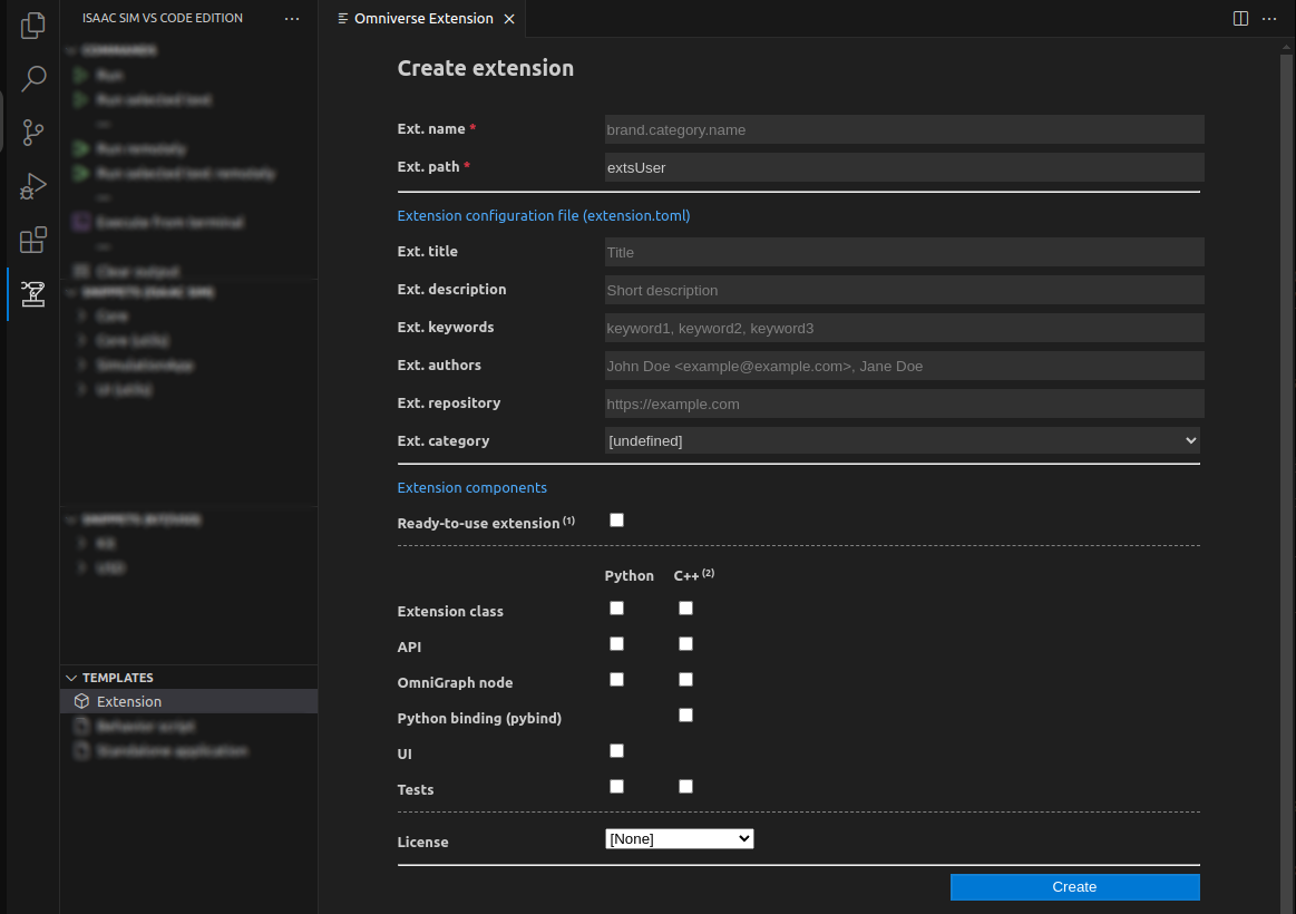 Isaac Sim VS Code Edition's Extension template generator wizard