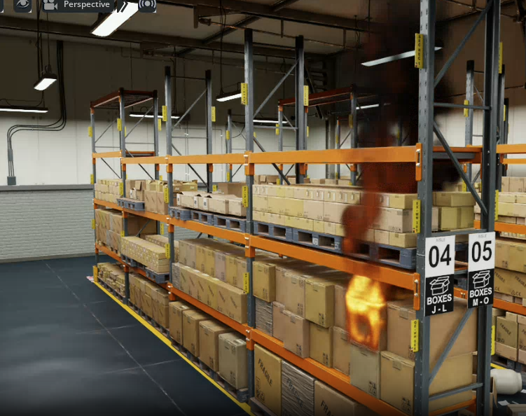 box in a warehouse on fire