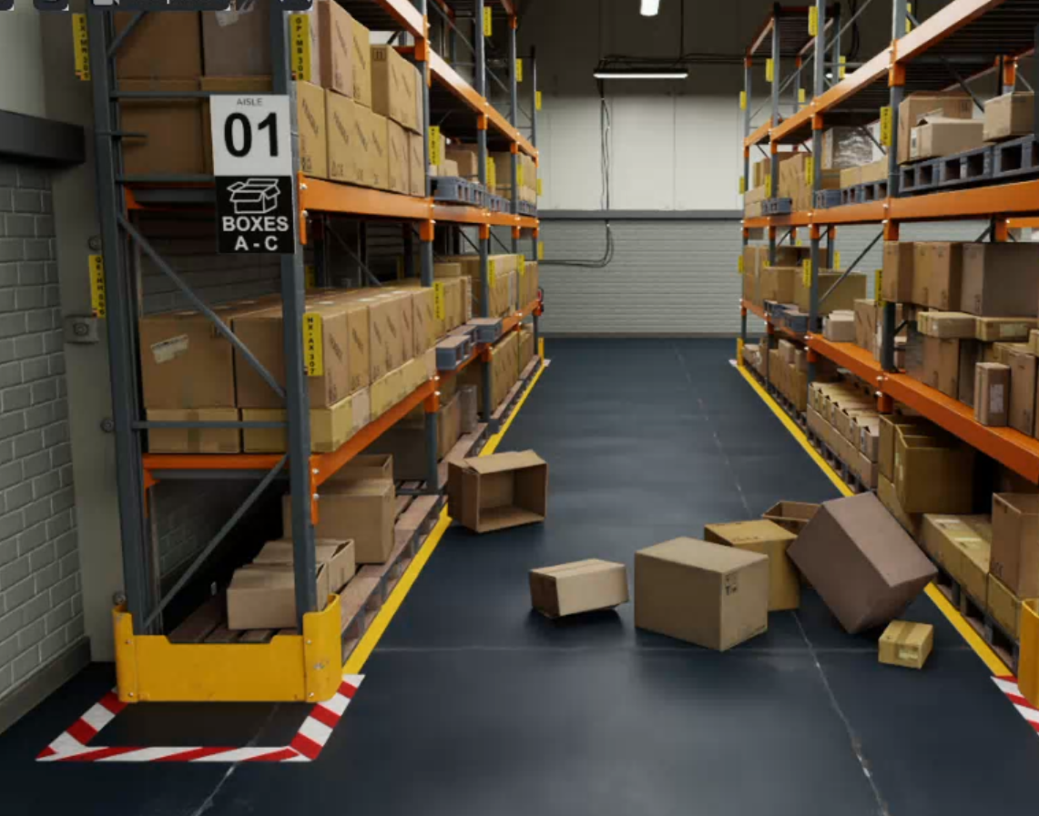 boxes on the floor of a warehouse after falling from a shelf