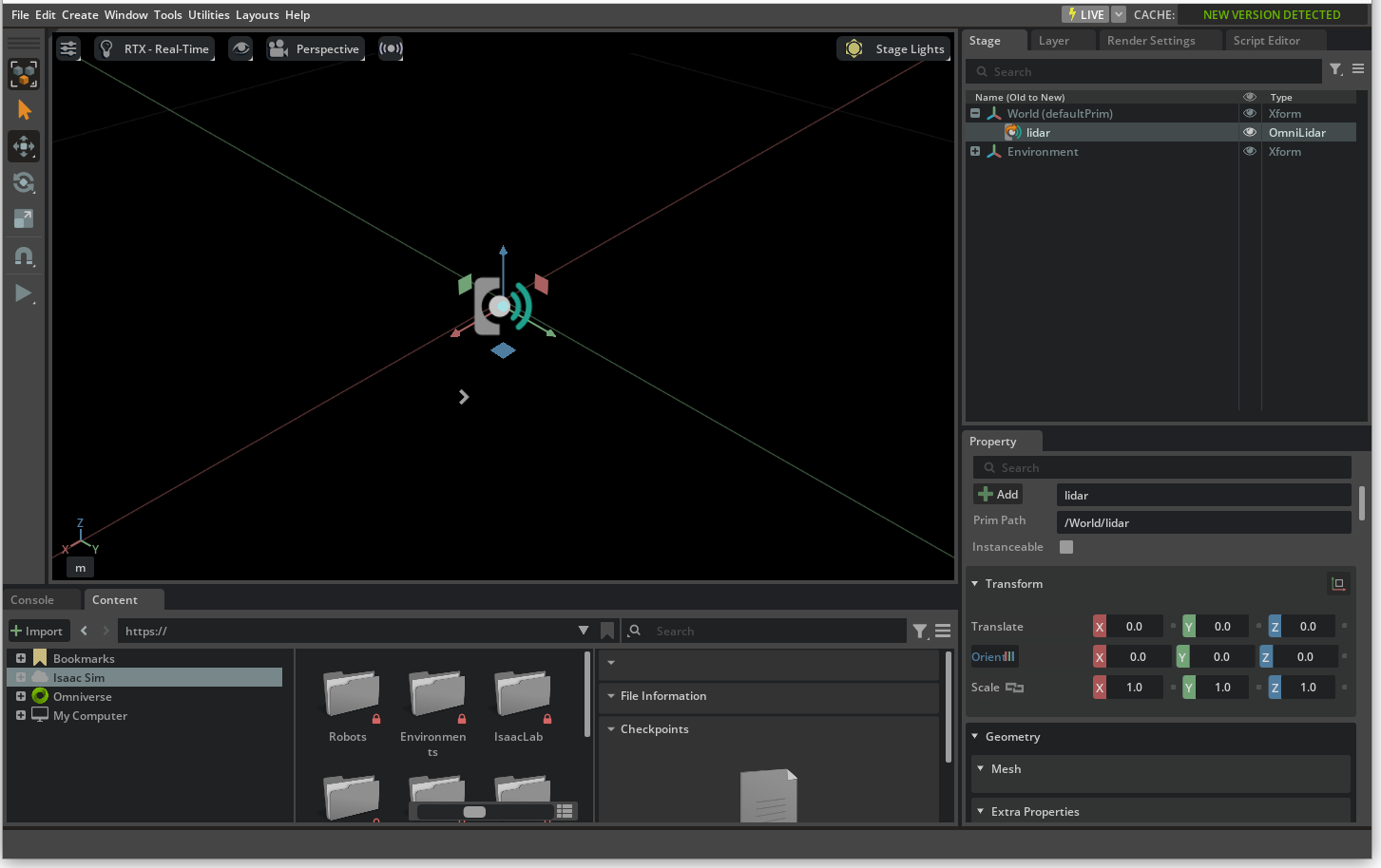 The Isaac Sim UI after running the ``IsaacSensorCreateRtxLidar`` command shown above.