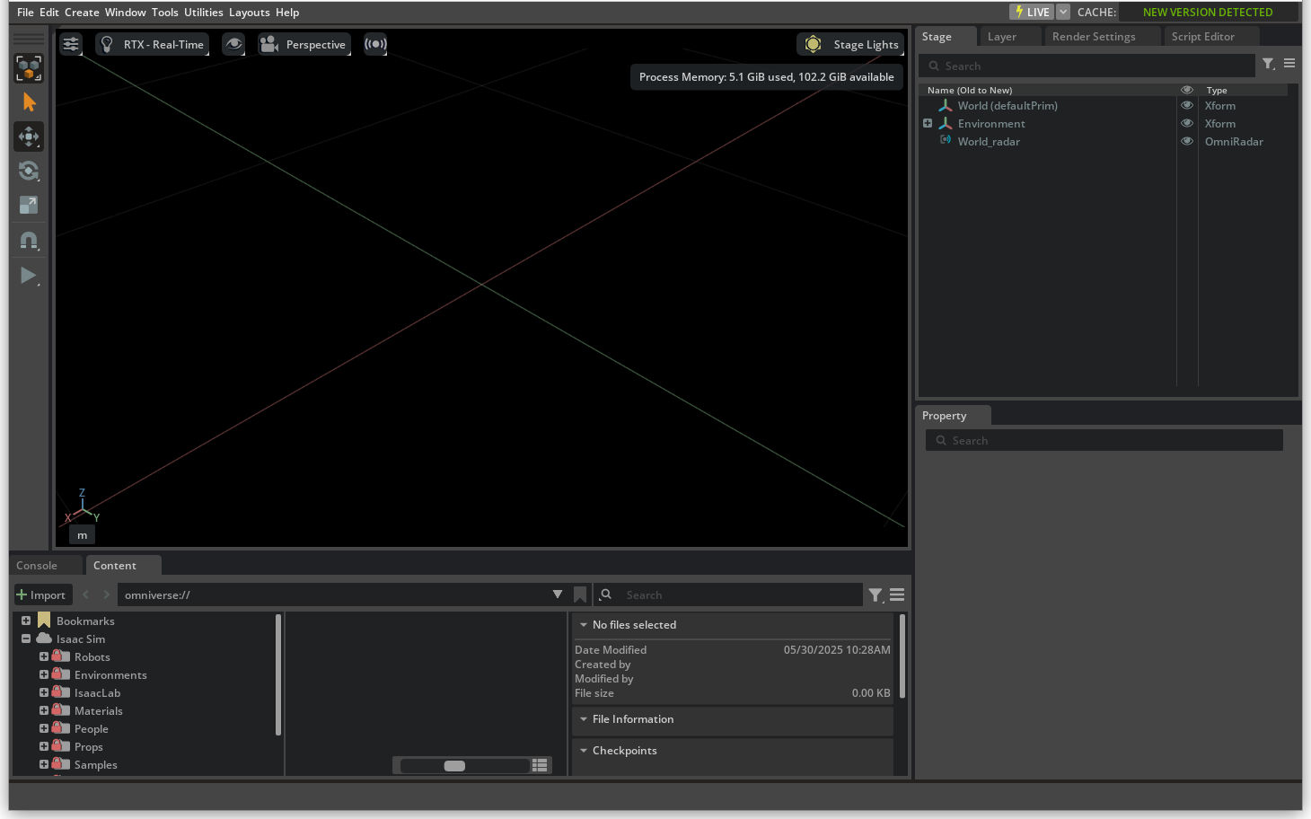 The Isaac Sim UI after running the ``IsaacSensorCreateRtxRadar`` command shown above.