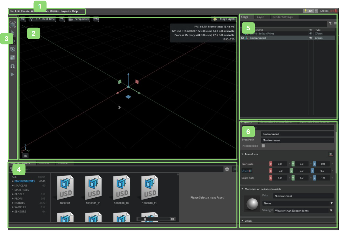Overview of the Isaac Sim opening page showing main UI elements