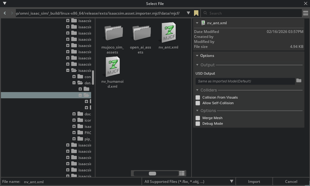 Select MJCF to Import