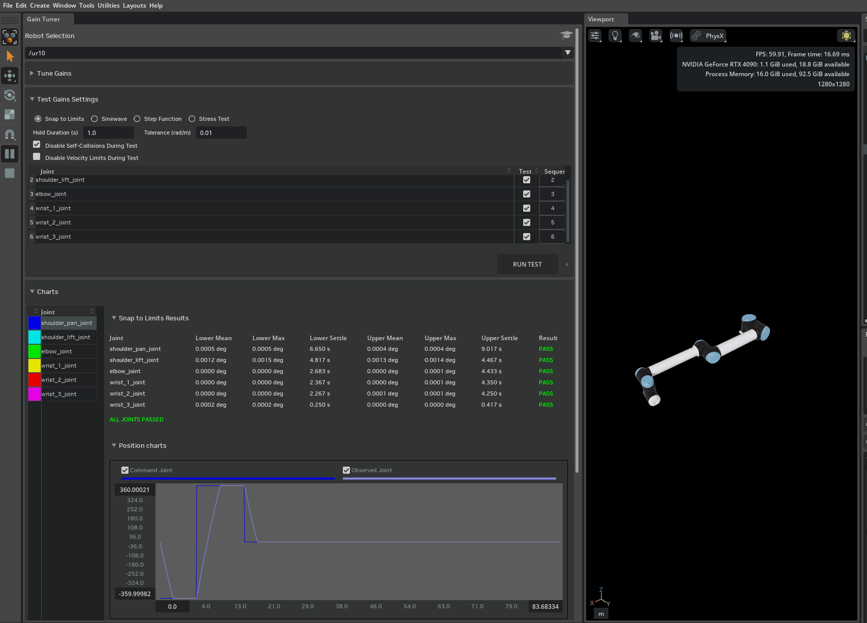 Gain Tuner with the UR10 selected and gains set to the values in the table