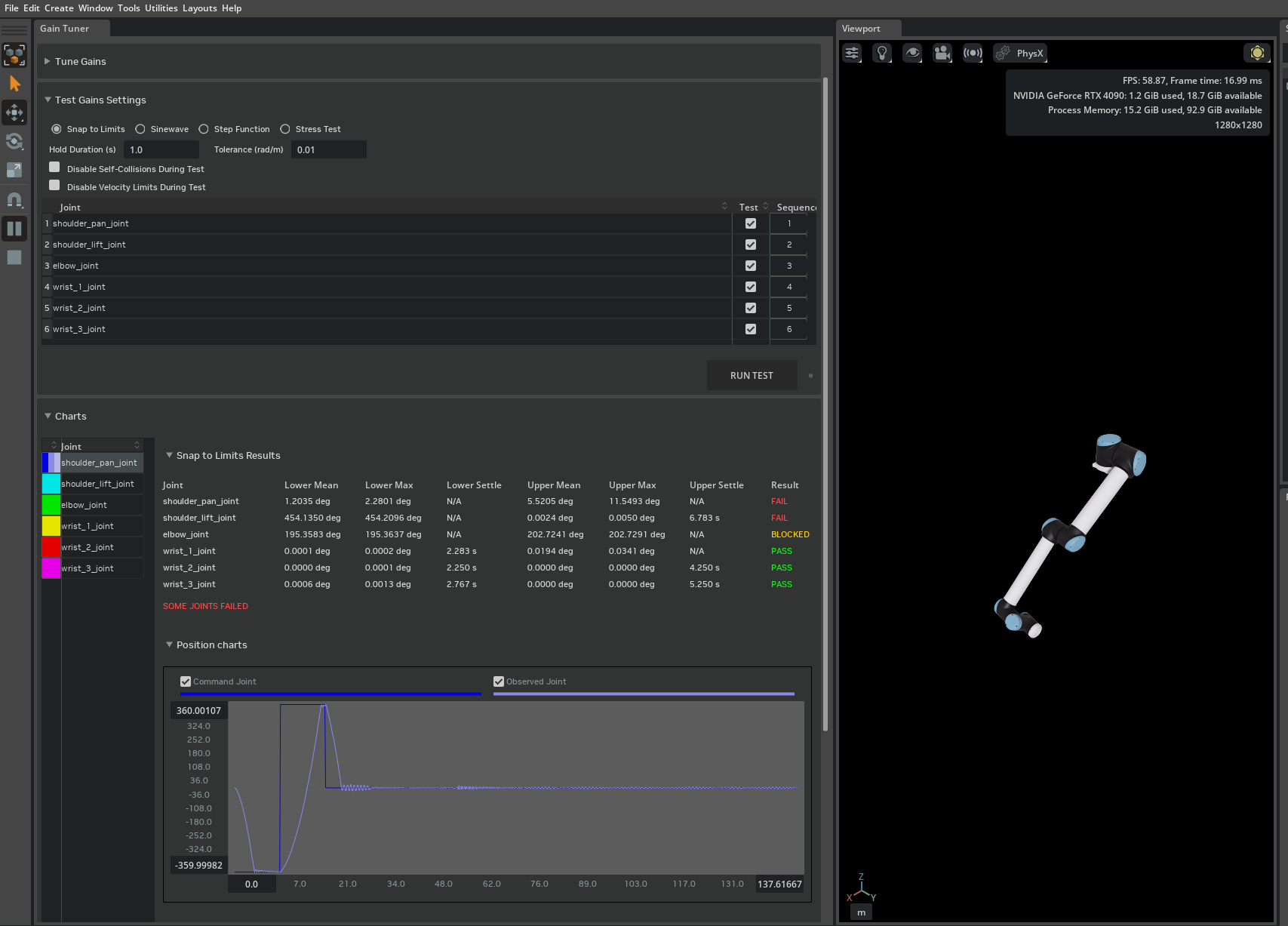 Gain Tuner with the UR10 selected and stiffness set to 10 Nm/rad