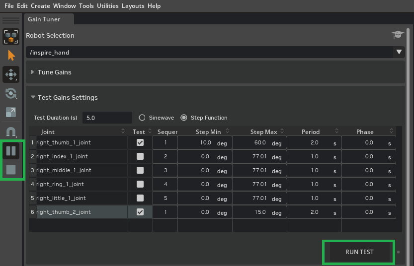 Run thumb joint step function test.