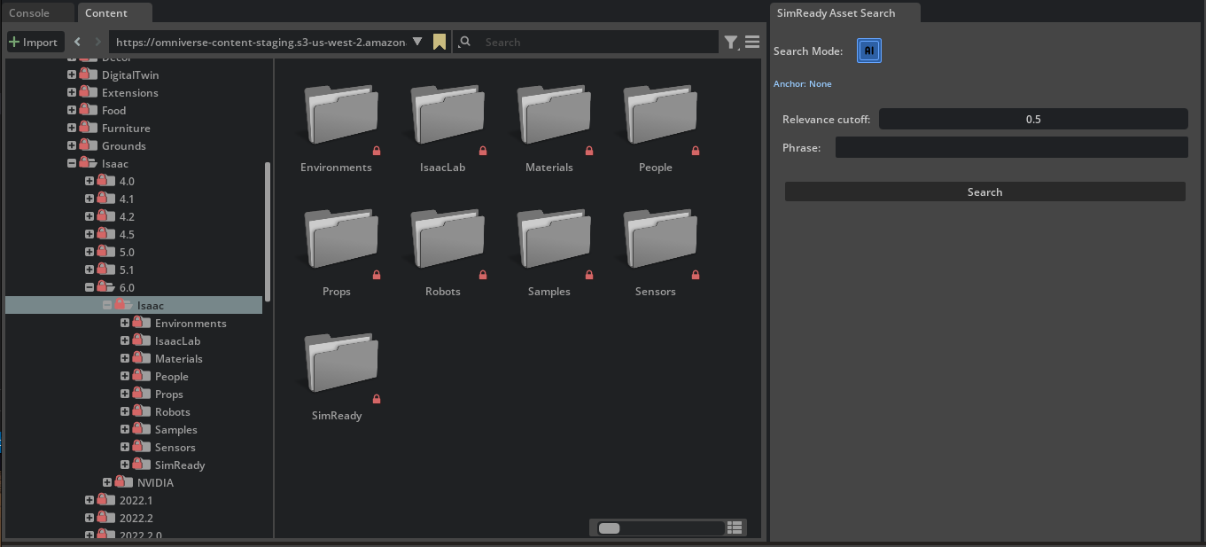 SimReady Asset Search control panel with AI search mode selected.