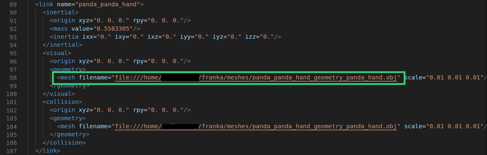 The Franka URDF with URI file paths