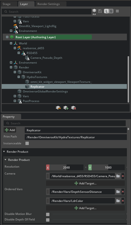 Realsense D455 depth camera asset layer