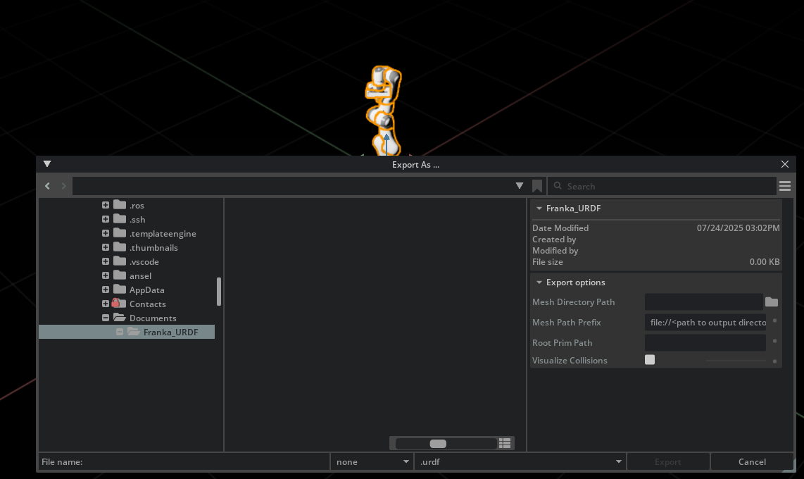 The USD to URDF Exporter UI