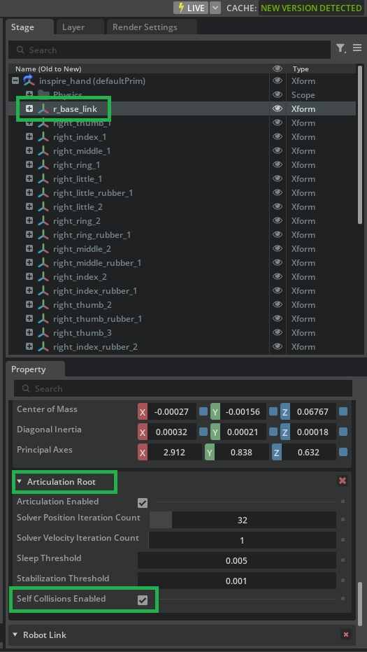 Articulation Root with Self Collisions Enabled option.
