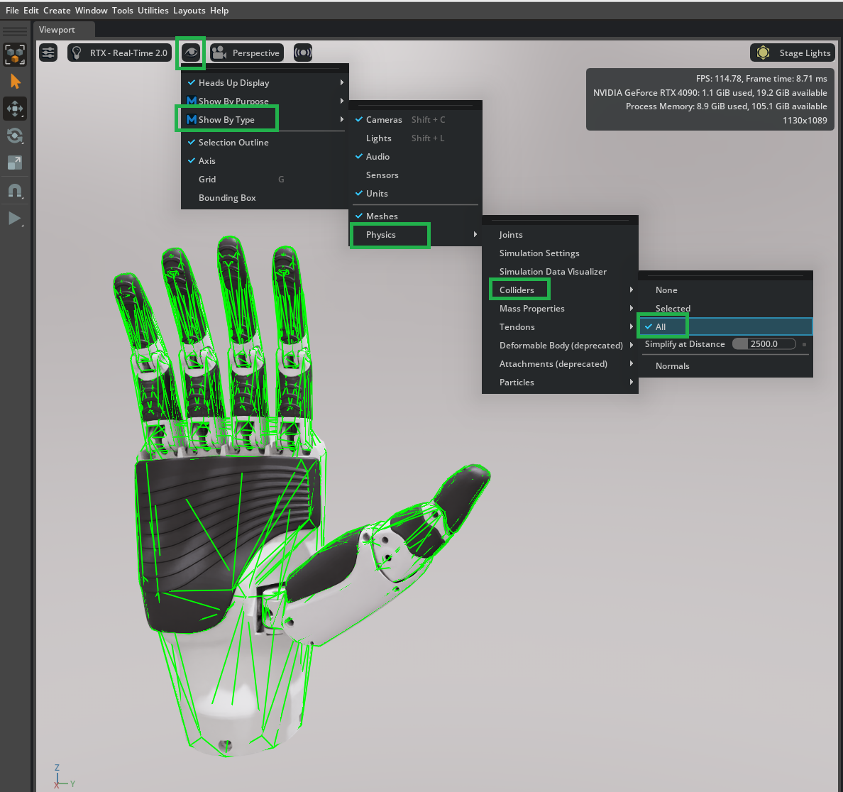 Collider visualization with rigid and static bodies color-coded.