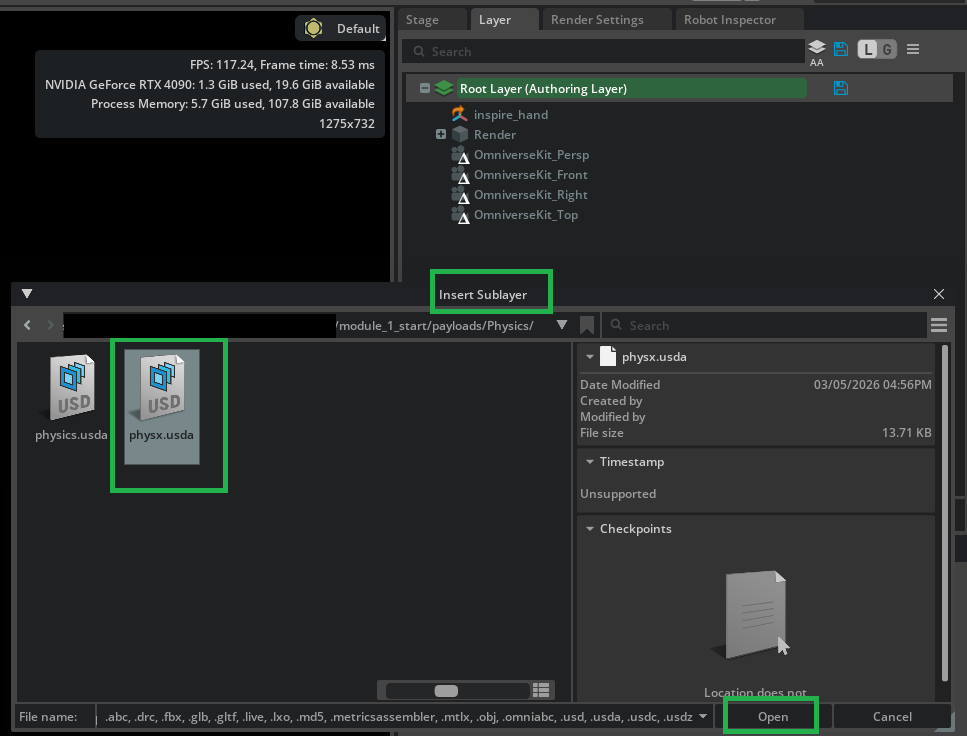 File dialog with physx.usda selected as the sublayer to insert.