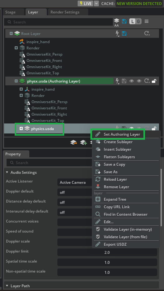 Right-click context menu to set authoring layer on physics.usda.