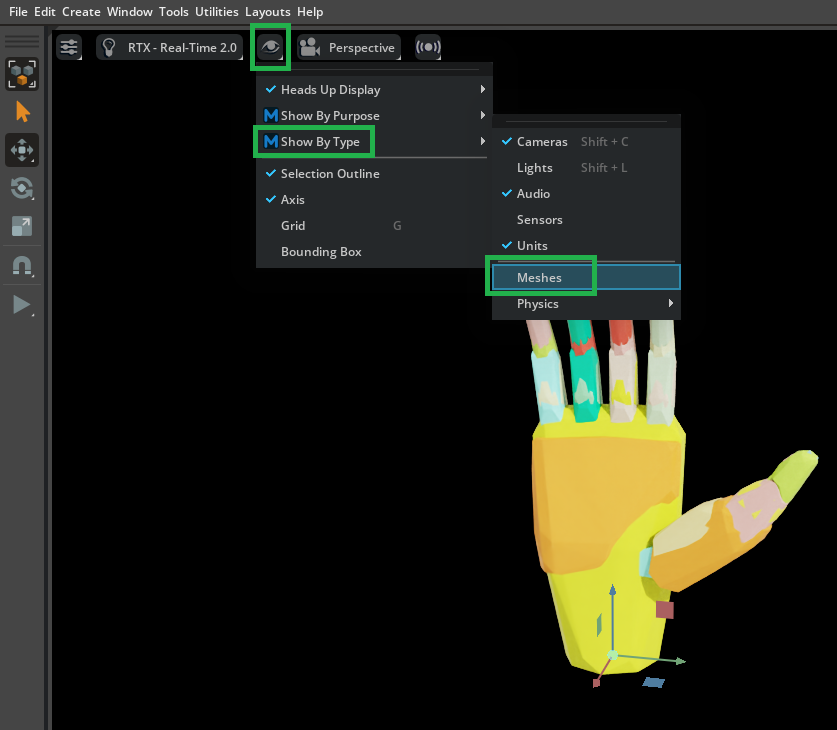 Solid collision mesh visualization viewport with meshes hidden.