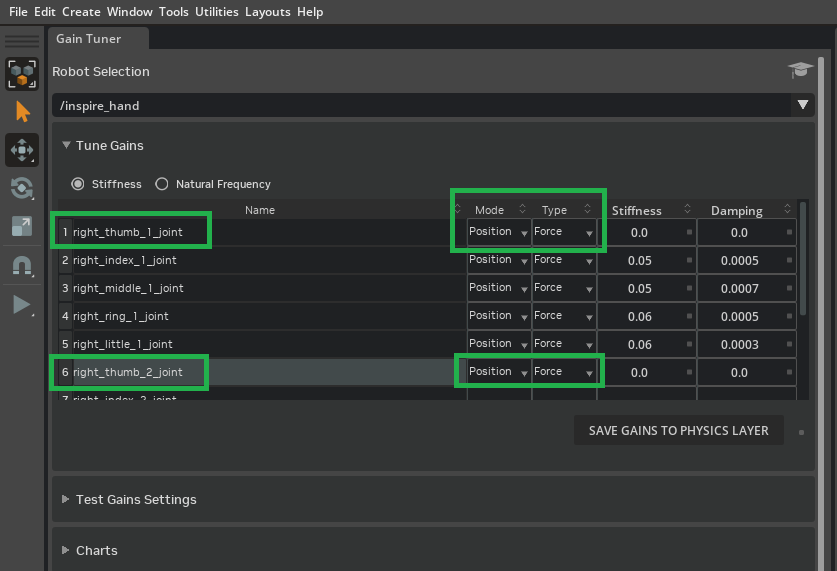 Tune Gains section with Mode Position and Type Force.