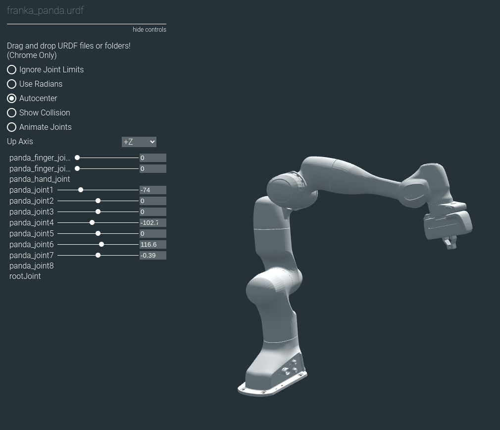 The Franka URDF viewed with the URDF Viewer Example website